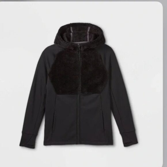 ALL In Motion Boys Full Zip Sherpa Jacket With Hood Black Thumb Holes Athleisure - Picture 1 of 10